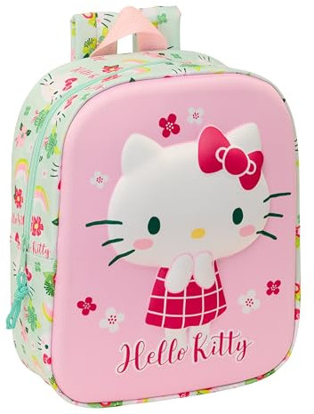 safta HELLO KITTY 3D - Zaino da asilo 3D, adattabile al carrello, facile da pulire, ideale per bambini di diverse età, comodo e versatile, qualità e resistenza, 22 x 10 x 27 cm, colore: rosa/verde,