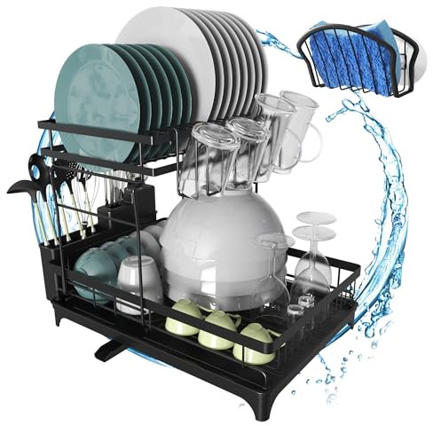 GARRTHINGS Escurreplatos sobre Fregadero Desmontable Dos Niveles Acero. Escurridor de Platos para Fregadero Gran Capacidad y Drenaje Automático. Escurridor Platos. Soporte Estropajo Fregadero (Negro)