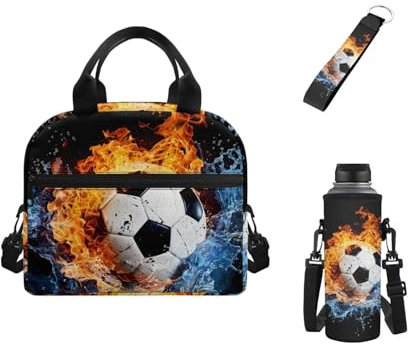 xixirimido Lonchera de fútbol para niños, con aislamiento, soporte para botella de agua, llavero para niñas de escuela primaria y primaria