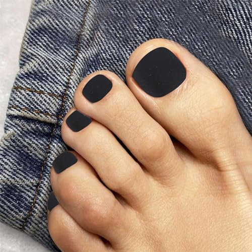 NICENEEDED 24 PCS Matte Black Press on False Toe Nails, Short Glue on Acrylic Toenails, Coffin Reusable Artificial Stick on Fake Toe Nails for Women Nail Salon and Nail Decoration Halloween