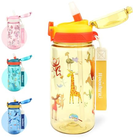 wooshwa Botella para Beber Campus Pop-up, 600ml Deportiva Botella Agua Niños con Pajita, Sin BPA y Apta para Lavavajillas (Animales Amarillos)
