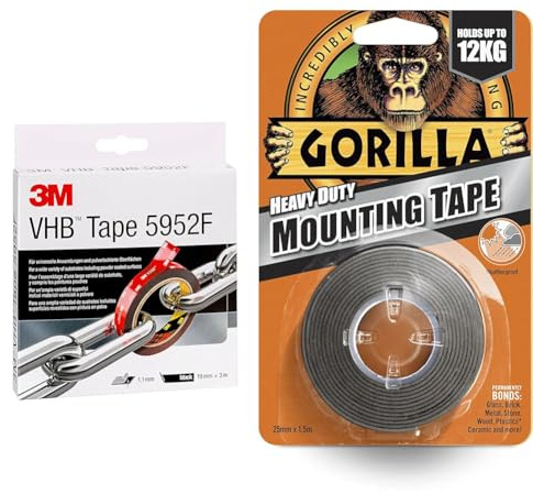 VHB 3M 5952 Adhesive Tape Simple Permanent Bonding with Double Coated Tape, Filmic Liner, 19 mm x 3 m, Black, 1 x Roll of Tape & Gorilla Heavy Duty Mounting Tape Black 1.5m