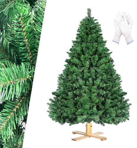 210 CM Arbre de Noël (Ø ca 135 cm), Sapin de Noël Artificiel Vert avec 1346 Branches, 7 FT Arbre avec Support en Bois, Pliable, Amovible et Ignifuge pour Noël, Salle, Jardin