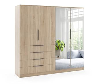 BM-Möbel Kleiderschrank mit Drehtüren, Schubladen und Spiegel - mit Einlegeböden und Kleiderstange - für Garderobe, Schlafzimmer - Sonoma - 200 X 61 X 215 cm (B/T/H)