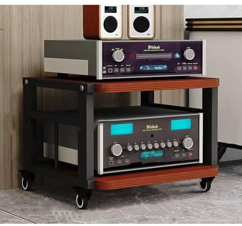 ZIUSFAC Audio-/Video-Regal Medienständer Mit Bremsrad Audio-Turm Audio-Rack Verstellbare Ständer Record Player Stand Eck-Audio-Tower Für Stereoanlage(Black+Teak,2 Tier)
