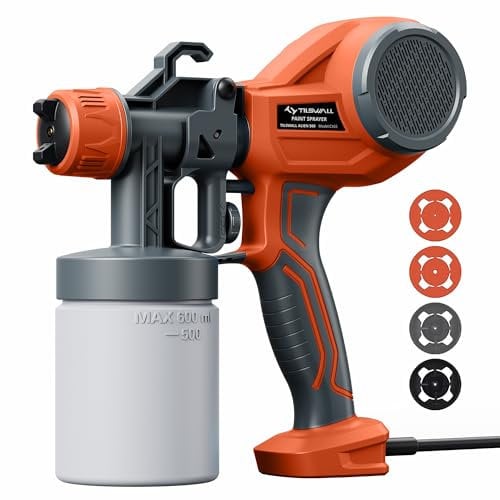 Tilswall Pistola de Pintura HVLP Pulverizador de Pintura Electrica, 4 Boquillas y 3 Patrones, Ideal Pulverizador de Pintura para Muebles, Vallas, Paredes, Armarios, Bricolaje (Naranja)
