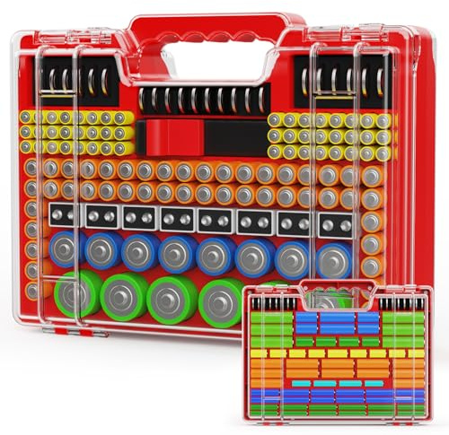 Yeenhoopy Battery Organizer Storage Holder Box Case with Tester, Stores & Protects Up to 260 Batteries, Double-Clear Locking Lid, Holds AA AAA C D and More (Not Includes Battery Pack) (Red)