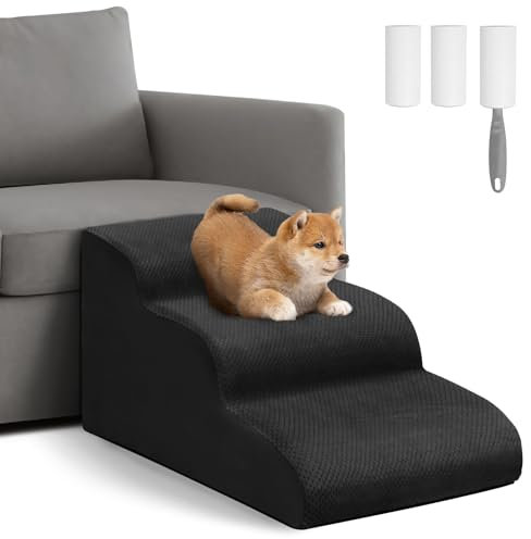 Mozvvco Scaletta per Cani 3 Gradini, Rampa Antiscivolo con Copertura Rimovibile per Animali Domestici, Scala per Gatti per Divano e Letto, Regala Rullo Togli Peli Animali, Nero