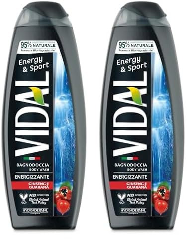 Vidal - Bagnoschiuma Energy & Sport, Formula Energizzante, con estratti di Ginseng e Guaranà, Dermatologicamente Testato, 500ml (Confezione da 2)