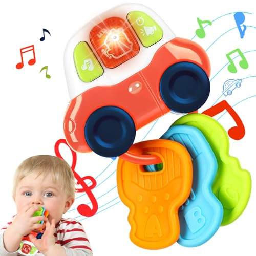2-in-1 Baby Beißring-Schlüssel & Musikauto | Lebensmittelechtes Silikon-Spielzeug für Babys | Montessori Sensorikspielzeug mit Licht & Musik | Perfektes Reisespielzeug für Kinder 0-36 Monate(Rot)