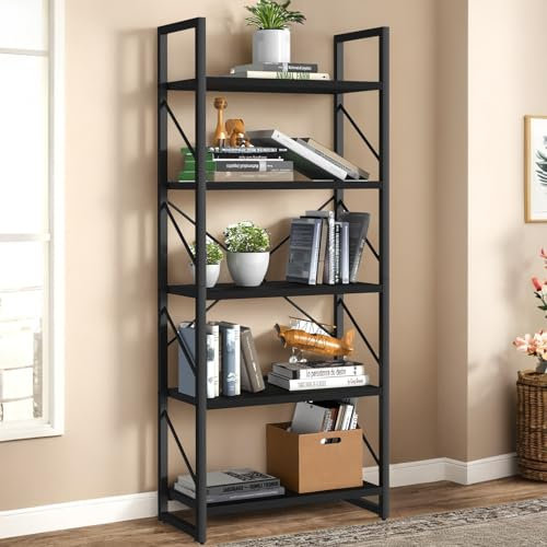 YITAHOME Bookshelf, 5 Tiers Bookcase Tall Book shelf with Metal Frame, Industrial Display Storage Rack, Shelving Units for Living Room Bedroom Home Office Kitchen, Black Book Shelves