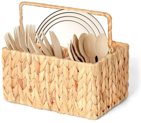 WEAVELYRICS Wicker Flatware Organizer, Water Hyacinth Cutlery Holder, Outdoor Silverware Caddy, Woven Divided Utensil Caddy with Handle, Utensil Holder for Table, Kitchen (Natural Water Hyacinth)