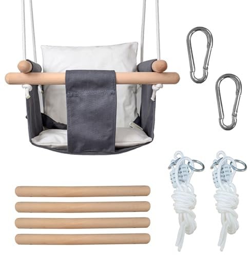 BOUFEIDA Balancoire Bebe, Siege Bebe Balancoire, Balancoire Bebe Exterieur en Bois et Tissu, Coussin Doux Réglable en Longueur Tissu Ecologique pour Jardin Intérieur et Extérieur