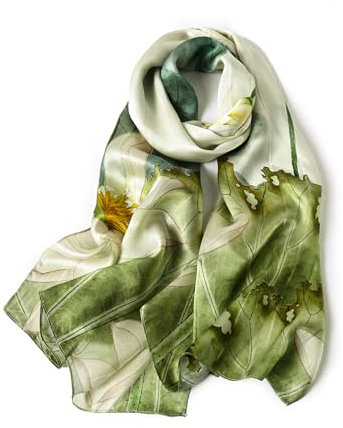 STORY OF SHANGHAI Seidenschal Damen 100% Seide, Natur Silk Scarf for Women, Luxuriöse Seidentuch Halstuch, Stola Als Geschenk, Warm Leicht und Weich, Mit Motiv 53 * 170 cm,Grüner Lotus