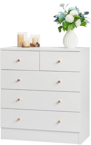 LEADZM Kommode Schlafzimmer Kommode mit 5 Schubladen, für Wohnzimmer, Schlafzimmer, Flur, Schrank, Sideboard, Highboard, viel Stauraum,Weiß (Weiß, 5 Schublader)
