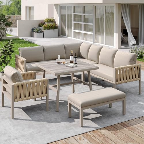 Merax Gartenmöbel Set 8-9 Personen, Sitzgruppe Gartenlounge Set mit Kissen & Tisch, Outdoor Ecksofa-Set aus verzinktem Eisen, handgeflochten dickem Seil, Essgruppe für Garten Balkon Terrasse, Beige