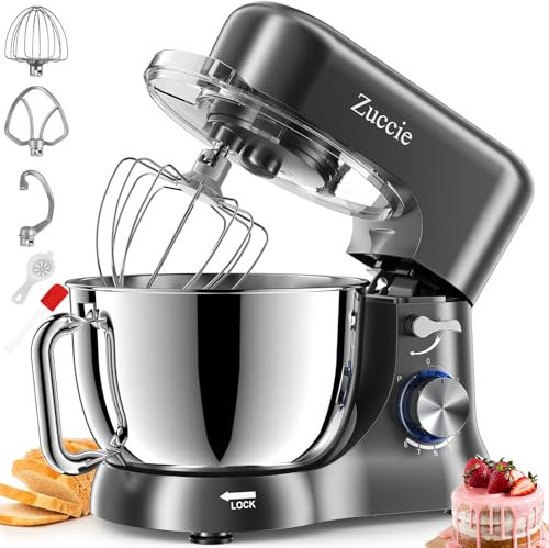 Robot Patissier, Zuccie 5 L Robot Pâtissier, 1000W Robot Cuisine avec Fouet, Batteur, Crochet, Bol d'Acier Inoxydable et Pare-éclaboussures, 8+P Vitesses Robot Pétrin Professionnel