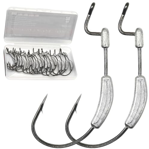 FINOSEAK 20Pcs Weighted Fishing Hooks Kit, Customized Weighted Swimbait Hooks for Bass Fishing, Wide Gap Weedless Worm Fish Hook with Molded Bait Keeper 1/0 2/0 3/0 4/0