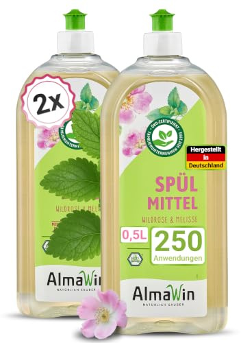 AlmaWin® Spülmittel Öko [2x 500ml] mit Wildrose & Melisse-Duft - Kraftvolles Geschirrspülmittel flüssig mit hoher Fettlösekraft - Vegan Dish Soap - Biologisch abbaubares & ergiebiges Konzentrat