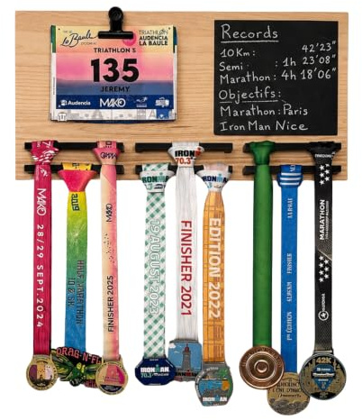 Générique Portamedaglie e porta pettorali Premium 60 medaglie – Legno Massiccio Artigianale – Running Triathlon & Marathon Finisher (Beige)