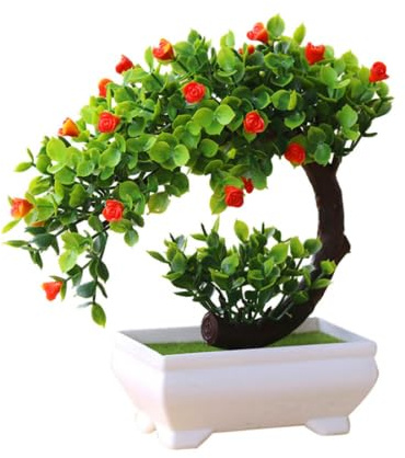 Gettimore Künstlicher Bonsai-Baum im Topf, 19 cm, Kunststoffpflanze für Zuhause, Hotel, Garten, Büro, Dekoration, Rot, Weiß oder Orange