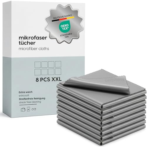 Bellphany 8er Set Brillenputztücher Mikrofaser - 30 x 30cm groß, Tuch Grey | XXl Mikrofasertücher, Brillenputztuch Microfaser Optikerqualität, Display Reinigungstücher für Brille putzen, Handy, Kamera