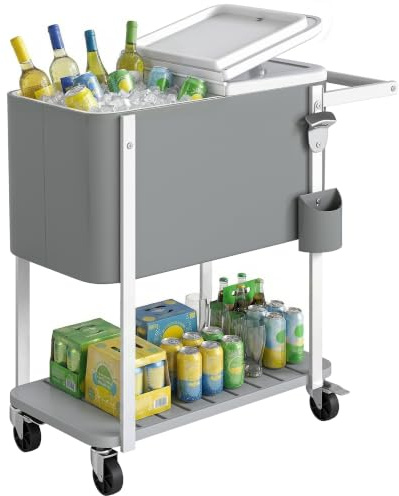 Outsunny Carrito Nevera de 56L con Ruedas con Estante 84x38x83 cm Gris | Carro de Bebidas, Abrebotellas, Recogetapas, Drenaje y Asa, Mesa Nevera Jardín Exterior, para Patio, Fiesta, BBQ