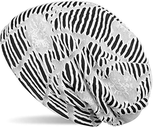 styleBREAKER Beanie Mütze im Destroyed Vintage Used Look mit Rissen, Slouch Longbeanie, Unisex 04024105, Farbe:Weiß-Schwarz