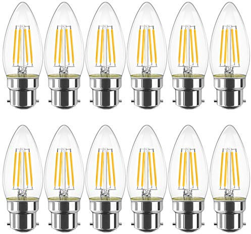 LVWIT B22 LED Filament Candle Bulb, C35 Bayonet Light Bulbs,470Lm, 4W Replace 40Watt,2700K Warm White Candle Bulbs for Chandeliers Fittings Non-Dimmable (12 PCS)