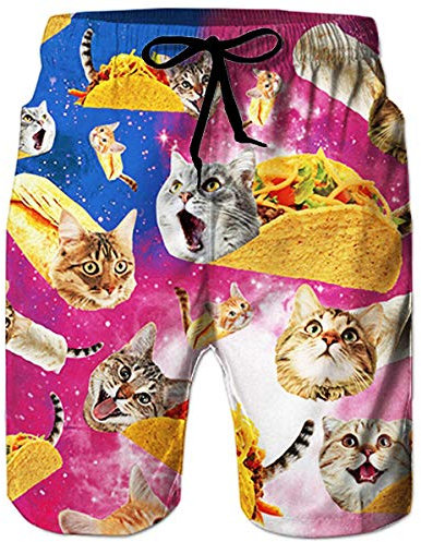 ALISISTER Herren Badehose 3D Lustige Katze Gedruckt Elastische Taille Hawaii Holiday Beach Board Surfen Badeshorts für Herren Mit Taschen L