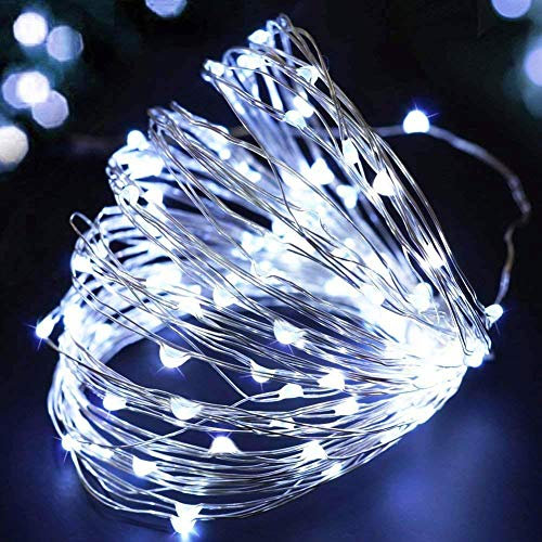 SHATCHI 100 LED/10m Fairy String Lights Silver Wire Battery Operated Cool White LEDs Twinkle Waterproof Lights for Bedroom, Christmas, Party, Wedding Outdoor Indoor Decoration