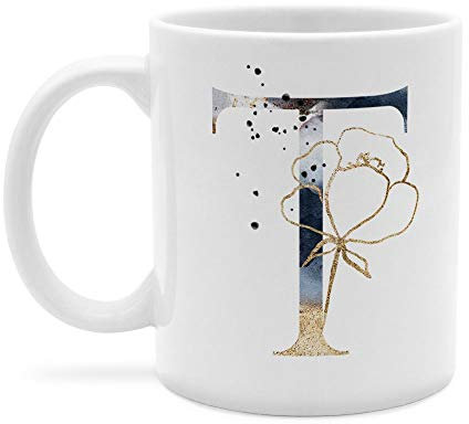 printplanet - Tasse mit Buchstabe: T - Kaffeebecher, Mug, Becher, Kaffeetasse, Beidseitiger Druck - Farbe Weiß