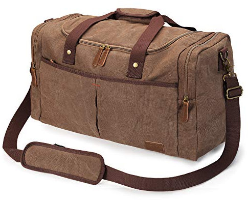 S-ZONE 65 l erweiterbare Reisetasche aus Segeltuch, Wochenendtasche mit Schuhfach, große Handgepäcktasche, Sporttasche für Damen und Herren, Coffee