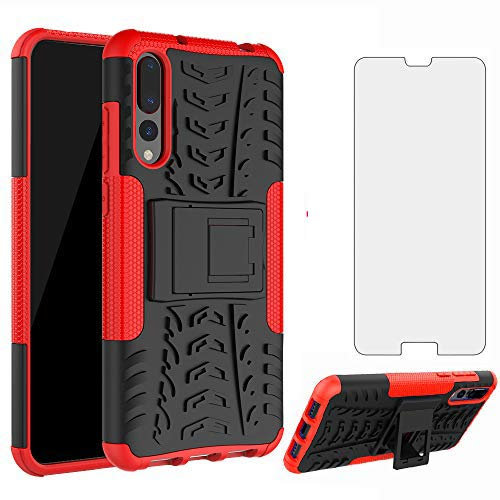 Asuwish Funda para Huawei P20 Pro con Cristal Templado Protector Pantalla Vidrio Pelicula Protectora Soporte Silicona TPU Hawaii P 20 20Pro CLT-L29 CLT-L09 Móvil Tapa Carcasa Case Hombre Mujer Rojo