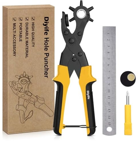 Belt Hole Puncher, [Perfect Full Set] Diyife Leather Punch with Ruler Extra Plate Screwdriver, Heavy Duty Revolving Punch Plier, Multi Sizes for Crafts, Card, Rubber, Paper(Yellow)