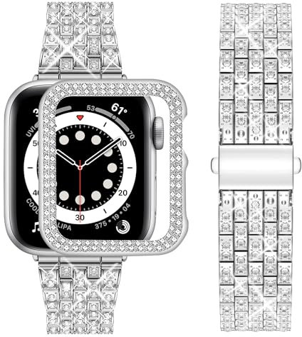 wutwuk Kompatibel mit Apple Watch Armband 41mm 42mm 40mm 46mm 45mm 44mm Damen iWatch Series 10 9 8 7 SE 6 5 4 3 2 1 Diamant Strassstein Harter Schutzrahmen Kunststoffgehäuse Silber