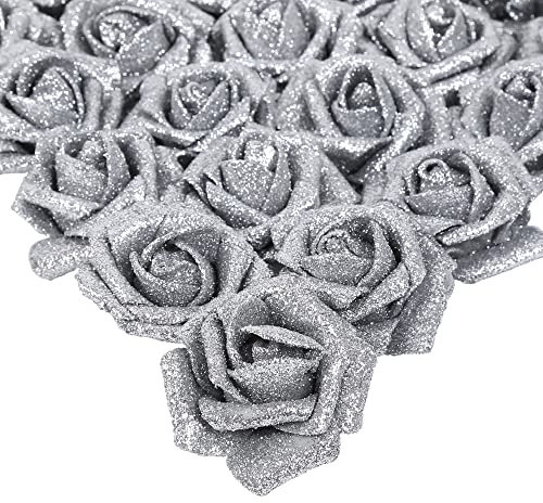 IPOPU AONELAS - 25 rose artificiali in schiuma glitterata, con stelo, per fai da te, bouquet da sposa, casa, feste, decorazioni natalizie (argento)