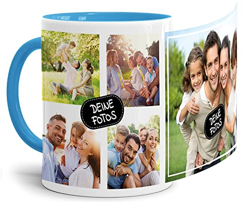 Foto-Tasse zum selbst gestalten mit Foto-Collage für 5 Wunschfotos - Geschenk für Familie, Freunde, Geburtstag, Weihnachten - Keramik Innen & Henkel Hellblau, 300 ml I Personalisiert