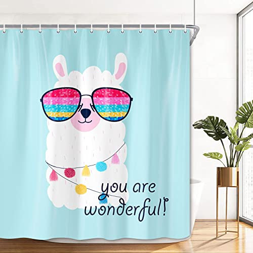 Wathon Niedliches Lama-Alpaka-Duschvorhang-Set, lustiges Lama mit Regenbogen-Brillenvorhängen, Kinder-Cartoon-Tiere, buntes Lama-Badezimmer-Dekor-Set mit Haken, 183 x 183 cm, Blaugrün