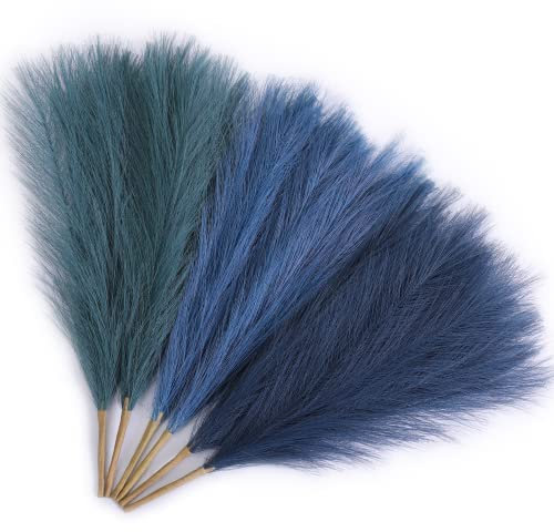 Serwalin 6pcs Pampasgras Künstliche 45cm, Faux Pampas Fluffy Grass Blau Wohnzimmer Schlafzimmer Kleine Marine Pampasgras Zweige Boho Feder Hochzeit Mittelstücke Bogen Dekor