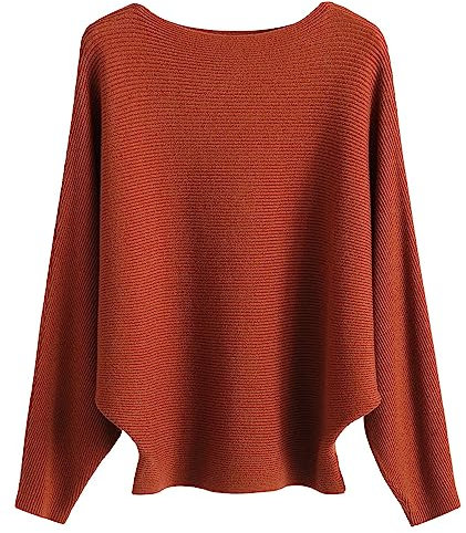 FULIER Boat Neck Batwing Sleeves Dolman Knitted Sweaters and Pullovers Tops for Women One Size (Caramel)
