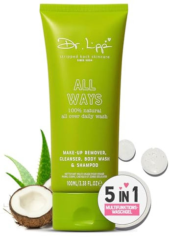 Dr. Lipp All Ways Cleanser 100ml – 5-in-1 Feuchtigkeitsspendendes Duschgel, Gesichtsreiniger, Make-up-Entferner, Shampoo & Rasiergel – 100 % natürliches Aloe Vera & Kokosnussöl – Perfekte Reisegröße