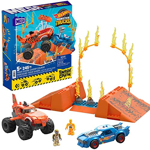 Mega Hot Wheels Coffret de Construction de 226 pièces Hot Wheels Parcours Tiger Shark Chocs et Fracas avec 1 Mini-Figurine de Chauffeur et 1 aileron de Requin, Jouet Enfant, Dès 5 Ans, HKF88