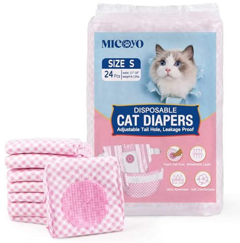 MICOOYO Hundewindeln für Hündinnen, Super Saugfähige Katzen Windeln mit Verstellbaren Schaumstofflöchern, Einweg-Katzen-Windelhosen für läufige Hündinnen(S, 24Stück)