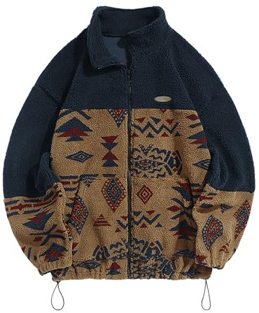 ZAFUL Herren Ethnische Aztekenmuster Flauschige Flauschige Jacke Plüsch Fleece Casual Stehkragen Reißverschluss Outwear Cardigan Mantel mit Taschen, Kaffee, S