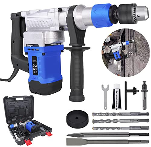 Corded 240V Rotary Hammer Drill with SDS Plus, 1080W 4-in-1 Electric Demolition Jack Hammer SDS Plus Rotary Hammer Drill, 6 Variable Speed Hammer Impact Drill with Side Handle, Drill Bits & Carry Case