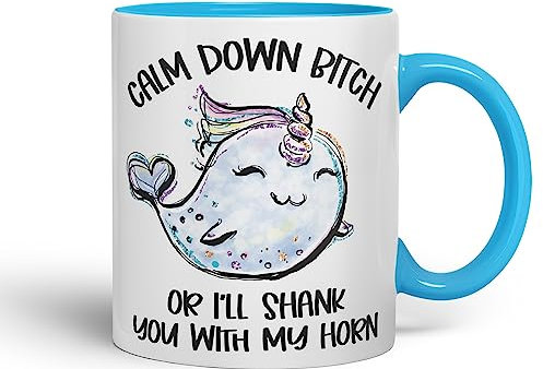 Vixar Calm Down B... or I'll Shank You with My Horn Ceramic Coloured Mug Cup Gift Tea Coffee Christmas Office Home Sarcastic Joke (L Blue)