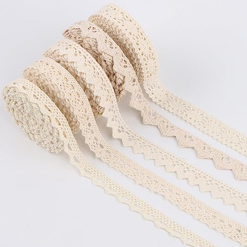 RUNEAY Spitzenbänder 5 Rolle x 5M Vintage Spitzenband Beige Spitzenbordüre Zierband Spitzenborte Vintage Deko für DIY, Geschenkbox, Vase, Kerzengläser, Hochzeit