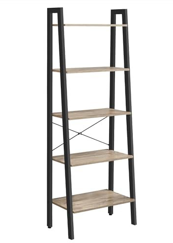 VASAGLE Ladder Shelf, 5-Tier Bookshelf, Bookcase, for Living Room, Bedroom, Kitchen, Home Office, Industrial Style, Steel Frame, Camel Brown and Black LLS045B50