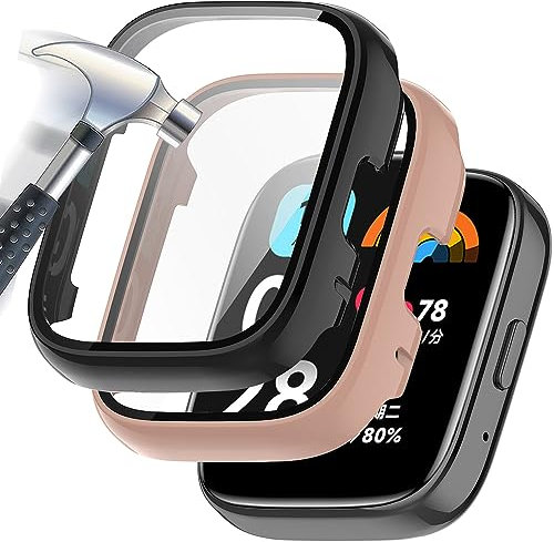 Acadeny Funda con Vidrio Templado Compatible con xiaomi redmi watch 3 Active, [Cubierta Completa] PC Case y Protector de Pantalla para -negro+Rosa